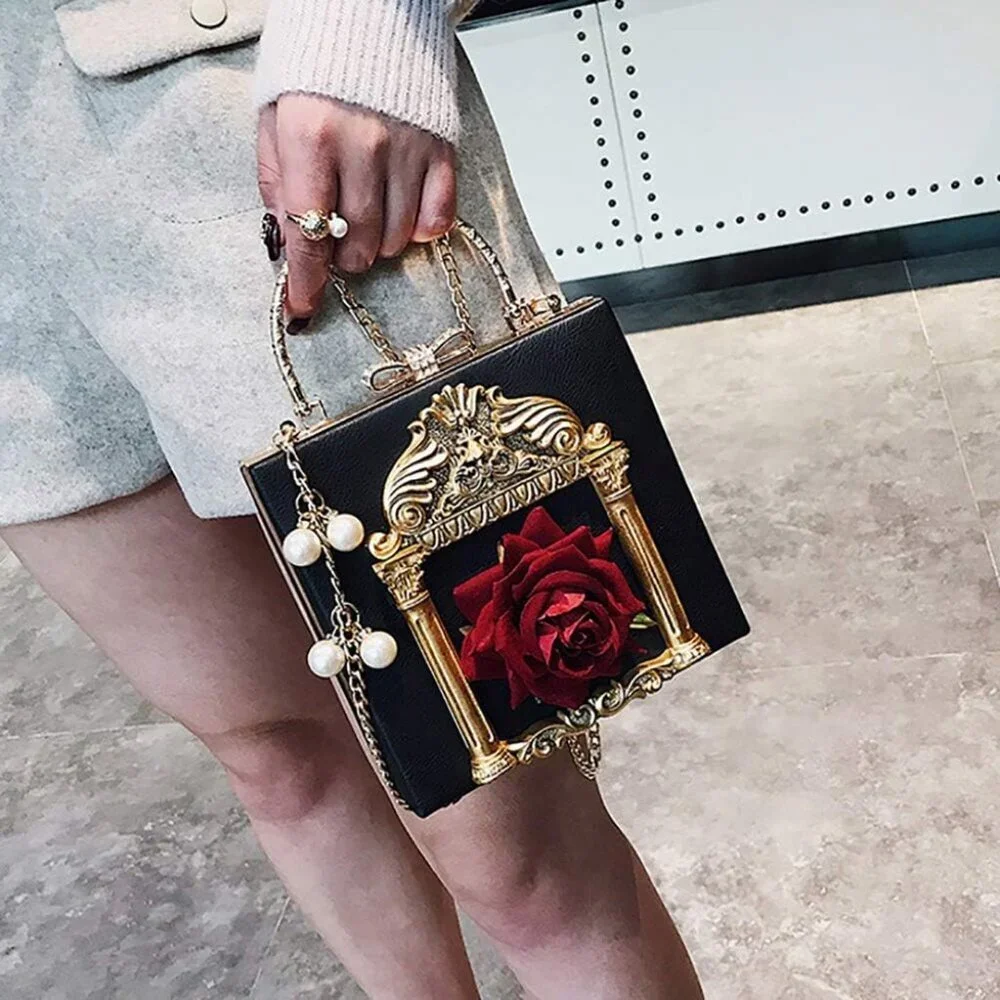 ⚡Women's Black Gold Love Angel Evening Rose Embossed Formal Crossbody Clutch Bag